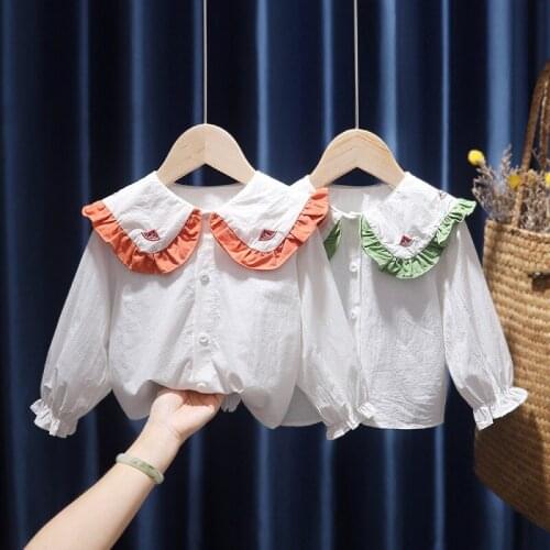 Ruffle Cotton Blouse Long Sleeve Shirt for Girls Cute Peter Pan Collar Toddler Children Spring Clothing Infant Kids Flounce Tops