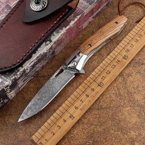 Outdoor pocket VG10 Damascus steel blade walnut + steel handle tactical camping hunting self-defense fruit folding knife sharp