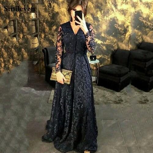 Smileven Blace Lace Morocco Caftan Evening Dresses V Neck Long Sleeve Prom Dress Floor Length Formal Evening Party Dress Outfit
