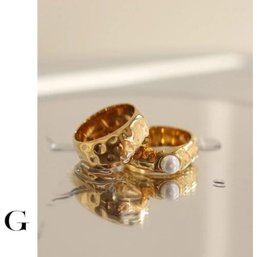 GHIDBK Statement Minimalist Irregular Hammered Circle Fake Pearl Rings for Women Street Style Stainless Steel Jewelry Wholesale