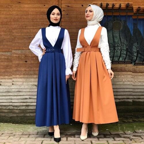 Elegant Womens Jumpsuit Skirt Belt Modest Muslim Bottoms ruffles Big Swing Long Skirt Ankle-Length Party Islamic Clothing