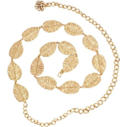 Fashion womens leaves decorative gold dress thin waist chain ladies decorative elastic metal waist chain belt PD02