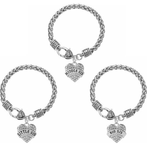 Fashion Womens Sister Bracelet Jewelry Big Middle Little Sis Sister Heart Shape Pendant Rolo Chain Bracelet Sister Gift