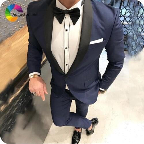 Navy Blue Mens Wedding Suits Slim Fit Groom Wear Terno Tuxedos Shawl Lapel Groomsman Prom Suits Costume Homme (Jacket+Pants)