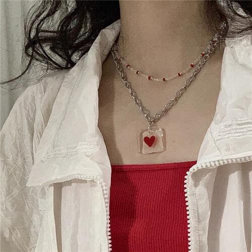 2021 New 2 Pcs / Set Transparent Harajuku Square Glass Heart Choker Color Beads Necklace For Women Girls Y2K Party Jewelry