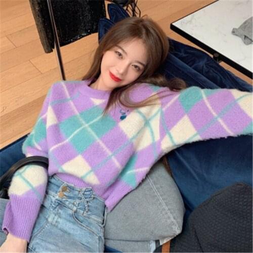 New Retro Sweetheart Sweaters Pullover Autumn Casual Loose O-neck Short Hit Color Diamond Pattern Sweatshirt Females Clothes