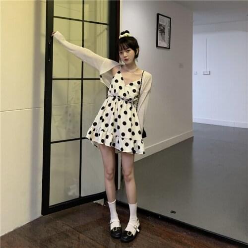 Dress French V-neck Polka-dot Sling Dress Female Summer New Style Korean Version of The Waist and Thin A-line Skirt Short Skirt