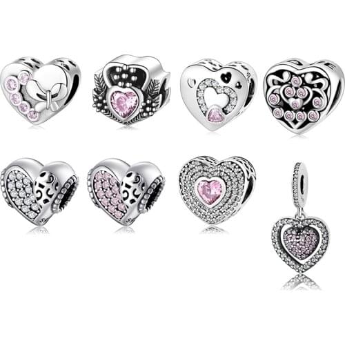 Valentines Day Gift 925 Sterling Silver Fascinating Heart Shape Pink CZ Bead Fit Original Fine Charm Bracelet Jewelry Making