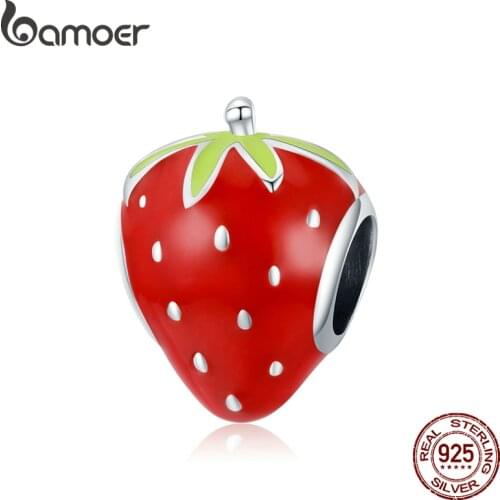 Bamoer Silver Lovely Strawberry Sweet Fruit Red Enamel 925 Sterling Silver Charm Pendant for Original Bracelet Bangle SCC1839