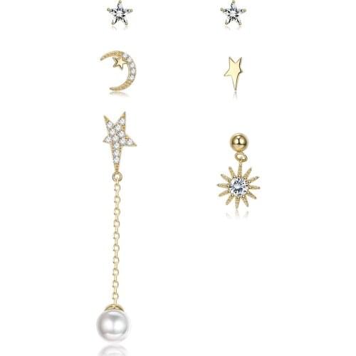SILVERHOO 925 Sterling Silver For Women Shiny Star Moon Asymmetry Shell Pearl Earring Dangle Luxury CZ Golden Stud Earrings Sets