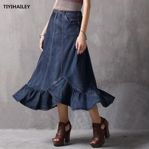 TIYIHAILEY Free Shipping Fashion Long Maxi Denim Skirts For Women S-L A-line Skirts Summer Thin Jeans Ruffles Skirt With big Hem