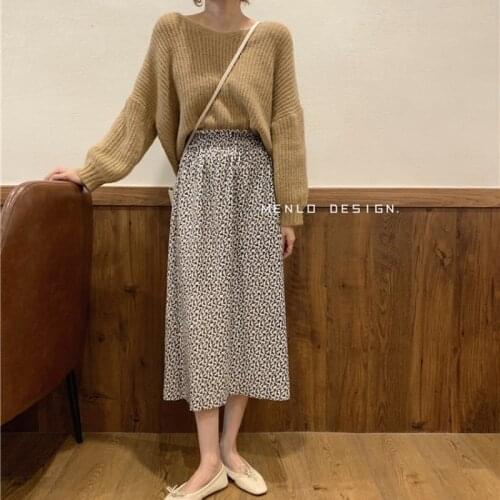 2021 New Women Loose High Waist Long Floral Pleated Skirt Elastic Folds Draped Skirts Casual Basic Jupes