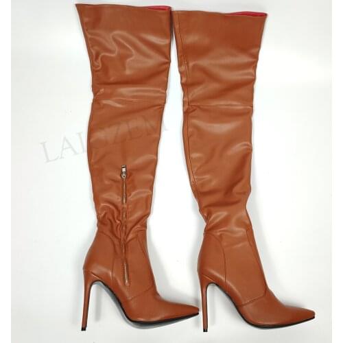 LAIGZEM Women Thigh High Boots Faux Leather Side Zip Slim Heeled Boots Shoes Woman Botines Botas Mujer Large Size 39 42 45 46 47