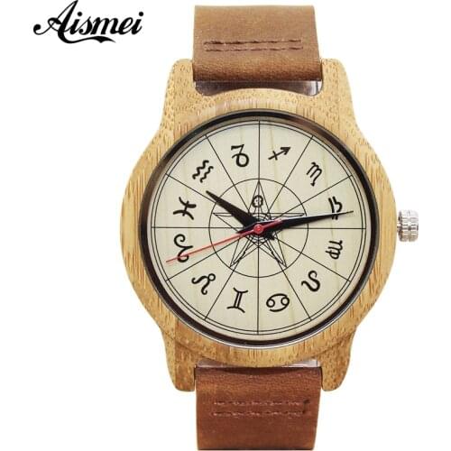 Aismei New Fashion Wood Watches Zodiac signs dial Genuine Leather Quartz Watch for Men Women Gift Montre Femme Relogio Feminino