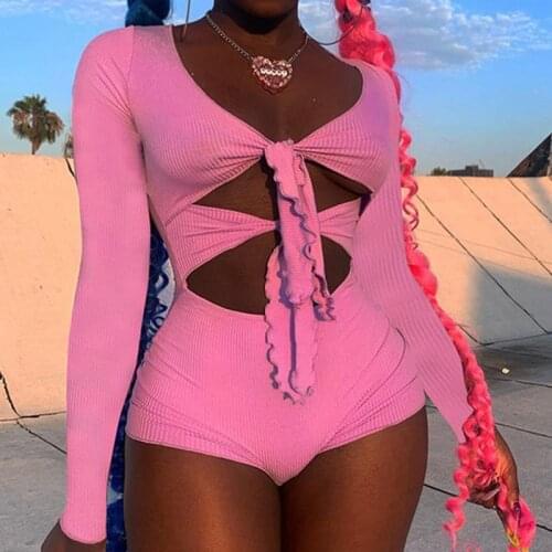 Women Rompers Shorts Pink Sexy Front Hollow Out Lace-up Full Sleeve Bodycon Ribbed Casual High Waist Streetwear Playsuits Autumn