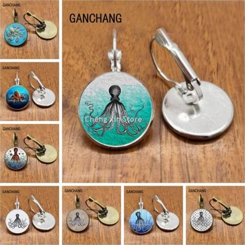 Womens Fashion Cute Cartoon Octopus Earrings Glass Cabochon Fashion Art Photo Dome Round Earrings Women Jewelry