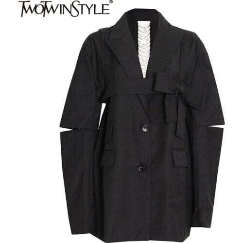 TWOTWINSTYLE Patchwork Bowknot Vest Coats For Female Lapel Collar Long Sleeve Hollow Out Loose Solid Color Womens Coat New