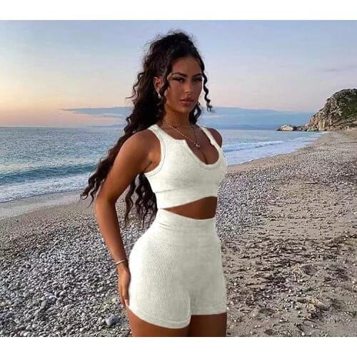 Casual Solid Knitted Rib Sportswear Two Piece Sets Women 2021 Crop Top + Biker Shorts Matching Set Summer Tracksuit Outfits