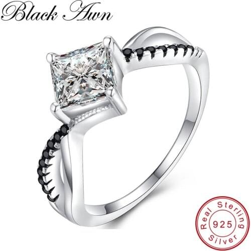 [BLACK AWN] Genuine 100% Sterling 925 Silver Jewelry Square Engagement Rings for Women Black&White Stone Bague Bijoux C260