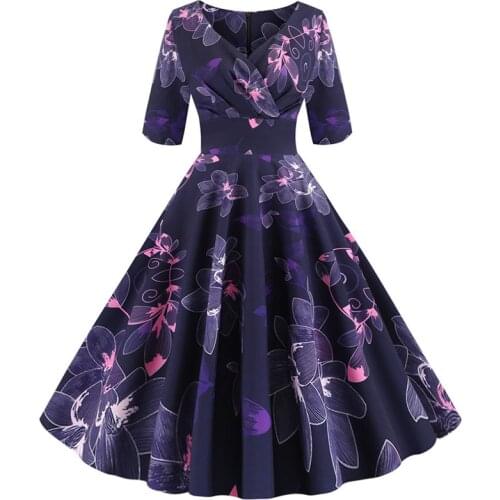 Women flower print Autumn dress Casual Winter half sleeve Elegant Vintage dress Robe femme plus size pinup office party vestidos