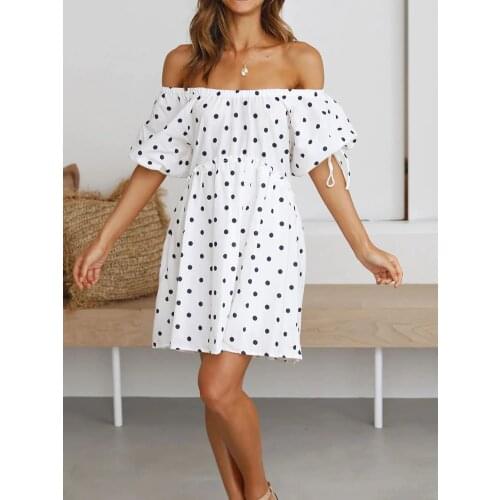 New 2021 summer European and American sexy womens one line collar loose wave dot print dress