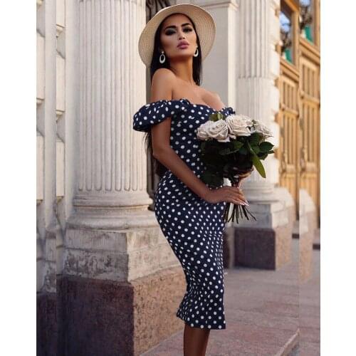 2020 New Sexy Women Off Shoulder Short Sleeve Bodycon Dress Formal Party Slim Polka Dot Dresses Ladies Elegant Vintage Dresses
