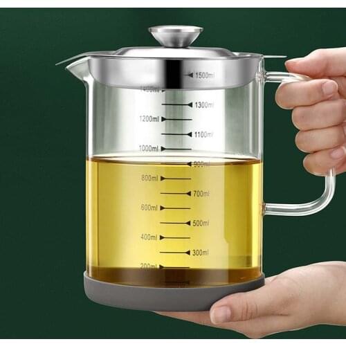 1000/1500ML Oil Strainer Pot Glass Grease Storage Can Container Keeper with Fine Mesh Strainer Dust-proof lid, Kitchen Tools