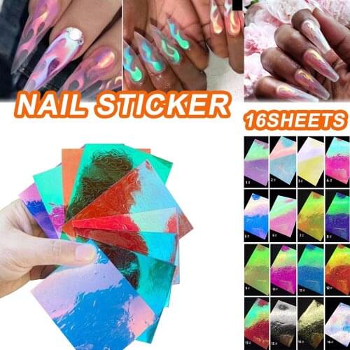 16Pc Holographic Fire Flame Hollow Nail Stickers Fires Sticker Nail Art Decor