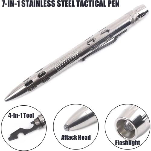 7-In-1 Stainless Steel Tactical Pen Led Light Multi Tool Screwdriver For Self-Defense Emergency Glass Breaker Outdoor Camp Gift