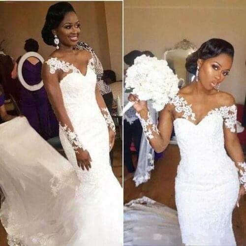 African Church Robes Sheer Wedding Dresses Long 2022 Sleeves Lace Mermaid Custom Made Appliques Bridal Formal