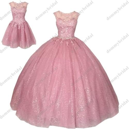 Sparkle Sequined Tulle Lace Patterned Dusty Rose Pink Ball Gown Dresses for Quinceanera Vestido De Mexicanos Sheer Neck Keyhole