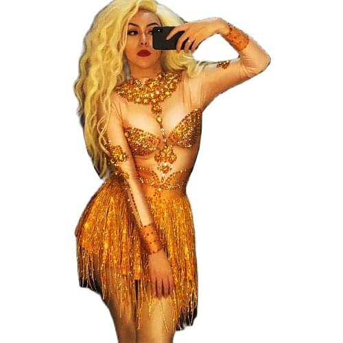 Sparkly Rhinestone Long Sleeve Mini Dress Gold Tassel Women Dress Backless Nightclub Showgirl Dance Costume Evening Prom Wear