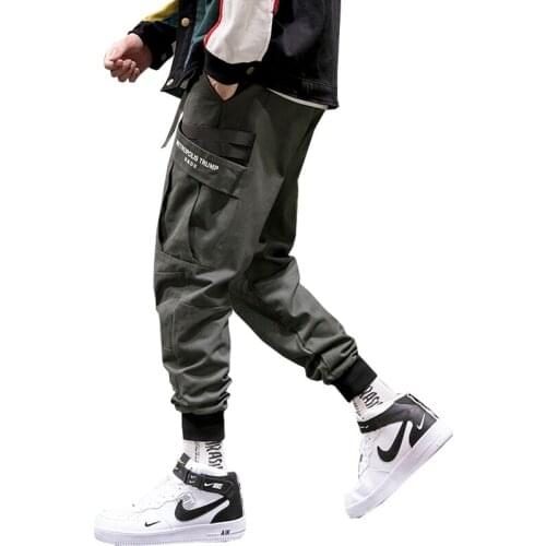 Men Streetwear Cargo Pants Mens Ribbons Casual Pants Slim Mens Joggers Pants Side Pockets Cotton Man Trousers Sweatpants