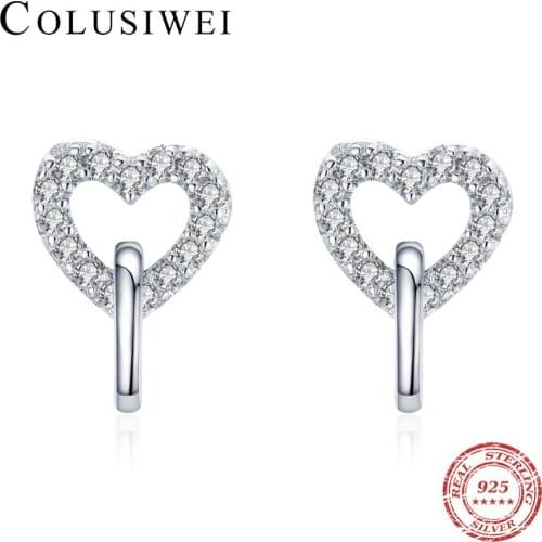 Colusiwei Vintage 925 Sterling Silver Glittering Zircon Double Hollow Love Heart Stud Earring for Women Engagement Party Jewelry