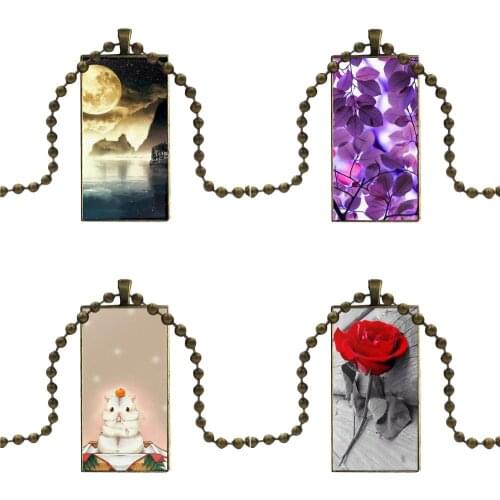 Flowers Animal Scenery Paint Bronze Color Glass Cabochon With Rectangle Shaped Pendant Choker Necklace For Women Gift
