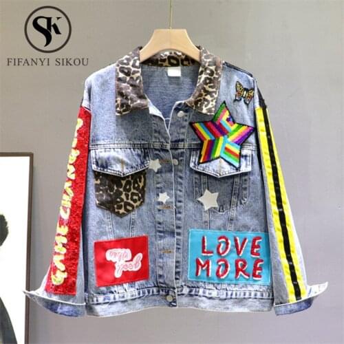 Hip hop Denim Jacket Women Fashion Embroidery Sequins Jeans Jacket Loose Long sleeve Splice Jeans Coat Female Streetwear Jackets