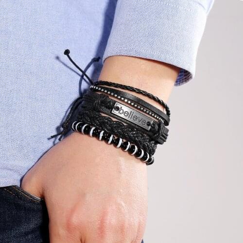 Eif Dock Vintage Multilayer Leather Braid Bracelets Bangles Black Beads Handmade Rope Wrap Bracelets Male Gift Jewlery