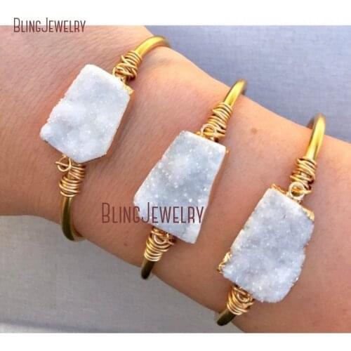 Boho Chic Open Gold Bangle White Druzy Bracelet Cuff BM27698