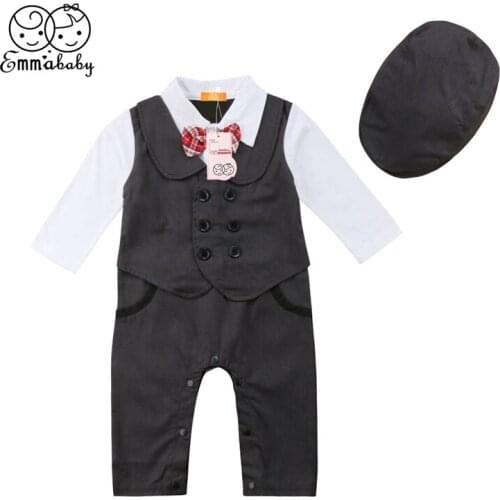 Romper for Baby Boy Newborn Infant Toddler Kid Formal Long Sleeve Bowknot Tie Party Pageant Jumpsuit Hat Outfit 3-24M 2Pcs