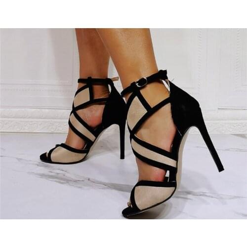 Linamong Cheap Woman Black Beige Geometry Patchwork Cuts Out Sandals Female Peep Toe Cover Heel Buckle Strap Heels Party Shoes