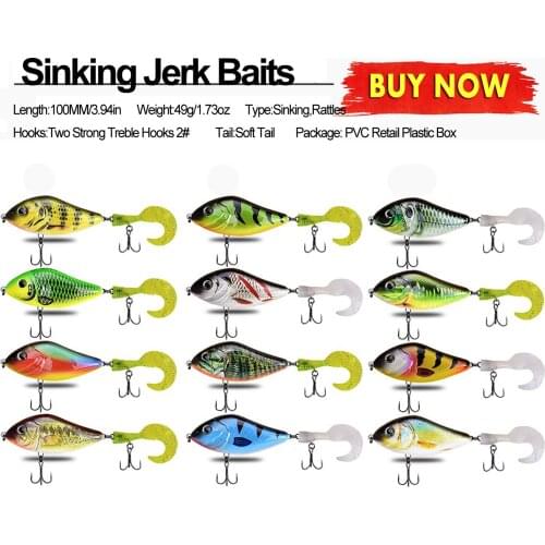 Slow Sinking Jerkbait 1pcs 100mm 49g/1.73oz Fishing Lure Slider Swim Action with Soft Tail Hard Body Fishing Jerk Bait