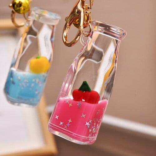 Cute Fruit Keychain Into Oil Milk Bottle Charm Keychain Cartoon Fashion Doll Pendant Key chain Couple Mobile Phone Fun Keychain
