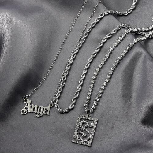 New Style Silver Color Multilayer Necklaces For Women Crystal Dragon Angel Letters Pendant Tennis Chain Twisted Rope Choker Gift