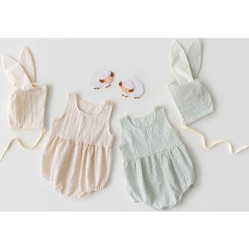 Newborn Baby Girls Clothes Sleeveless Childrens Plaid Romper for Kids Princess Two-piece Rabbit Ears Bodysuit+Hat Outffits Suit