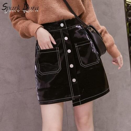 SparkDora 2020pu Leather Skirt Ins Skirt, Bright Leather Skirt, Half Skirt, Light Proof A-shaped Leather Skirt