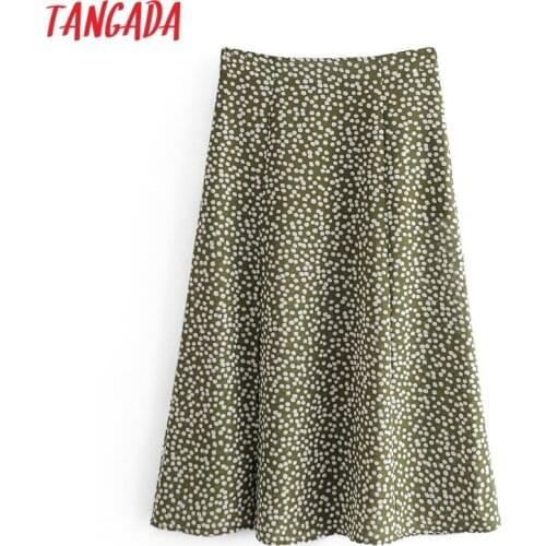 Tangada Women Green Dots Chiffon Midi Skirt Faldas Mujer Vintage Zipper Office Ladies Elegant Chic Mid Calf Skirts 6M17