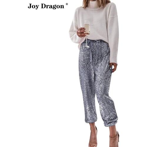 Pantalones De Mujer Women Fashion Sequin Pants Casual Drawstring Trousers Pantalon Large Femme High Waist Wide Pant Vetements