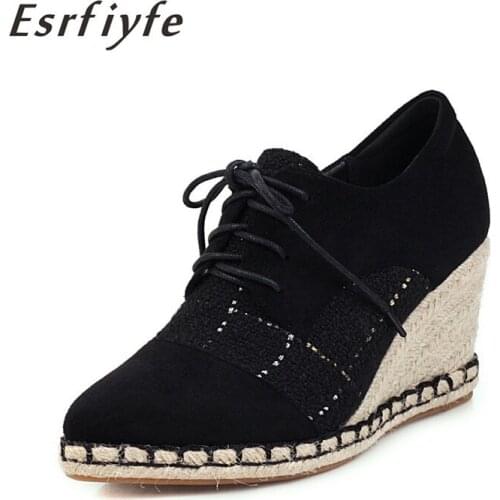 ESRFIYFE 2020 New Large Size 34-43 Microfiber Wedge High Heels Platform Pumps Woman Lace Up Woman Shoes Autumn Summer Footwear