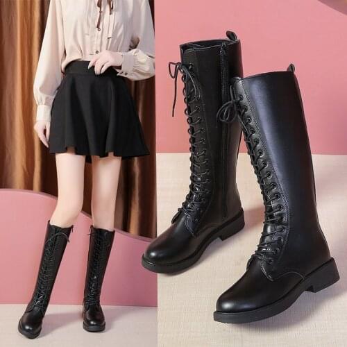 2021 New Womens Knee-length High-top Knight Boots Round Toe 3 Cm Thick Bottom Slim-fit Lace-up Zipper Buckle Short Plush