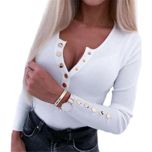 Solid Color Office Lady Slim Pullovers Top Elegant Women Autumn Winter Knitted T-Shirts V-Neck Button Decor Long Sleeve